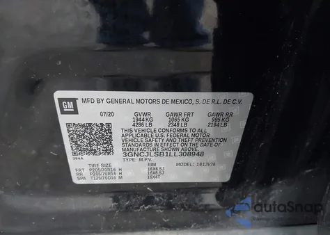 2020 Chevrolet Trax Fwd Lt z USA, uszkodzony, nr VIN 3GNCJLSB1LL308948